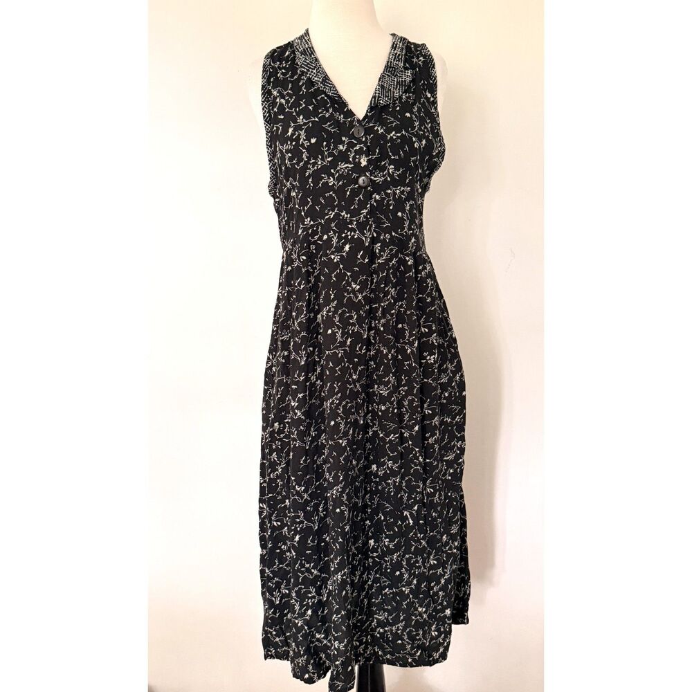 VTG Rosey Tomato Black Floral Collar Button Front Rayon 90s Grunge Midi Dress M